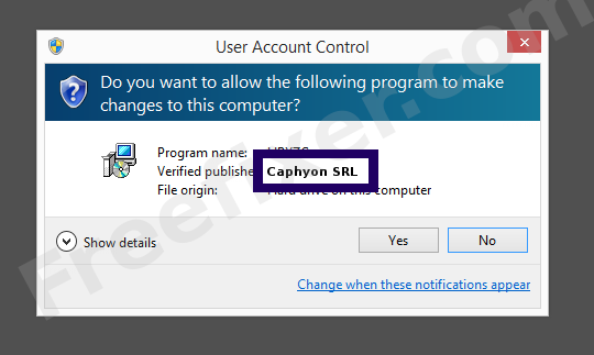 Screenshot where Caphyon SRL appears as the verified publisher in the UAC dialog
